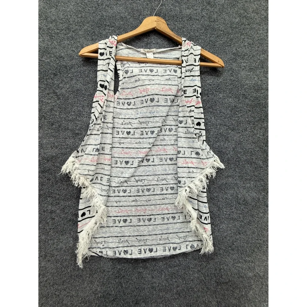 Self Esteem Vest Kids Large Gray Paris Heart Fringe Hooded Layering Top Boho Y2K
